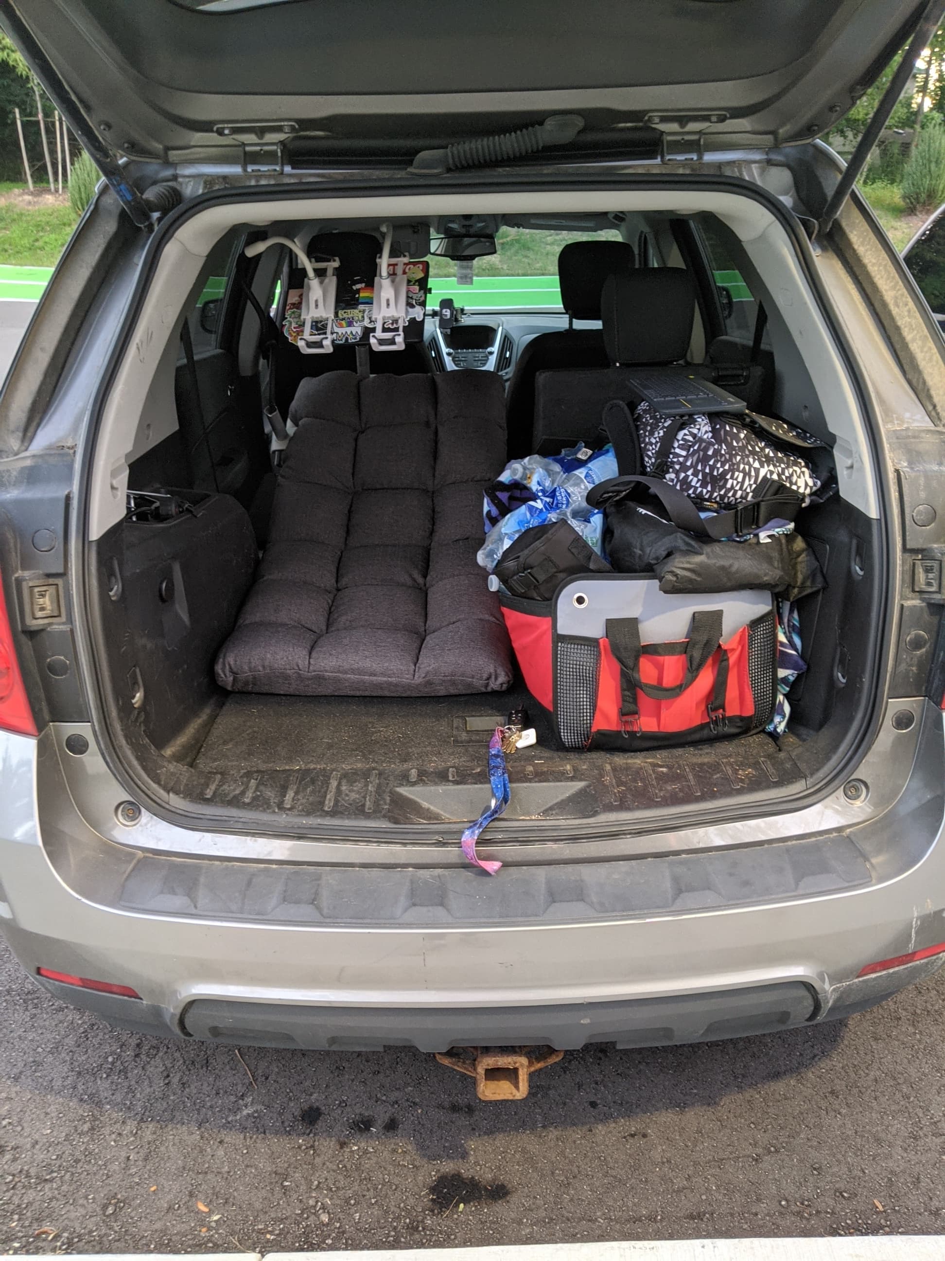 A picture of the portable computing setup facing my car