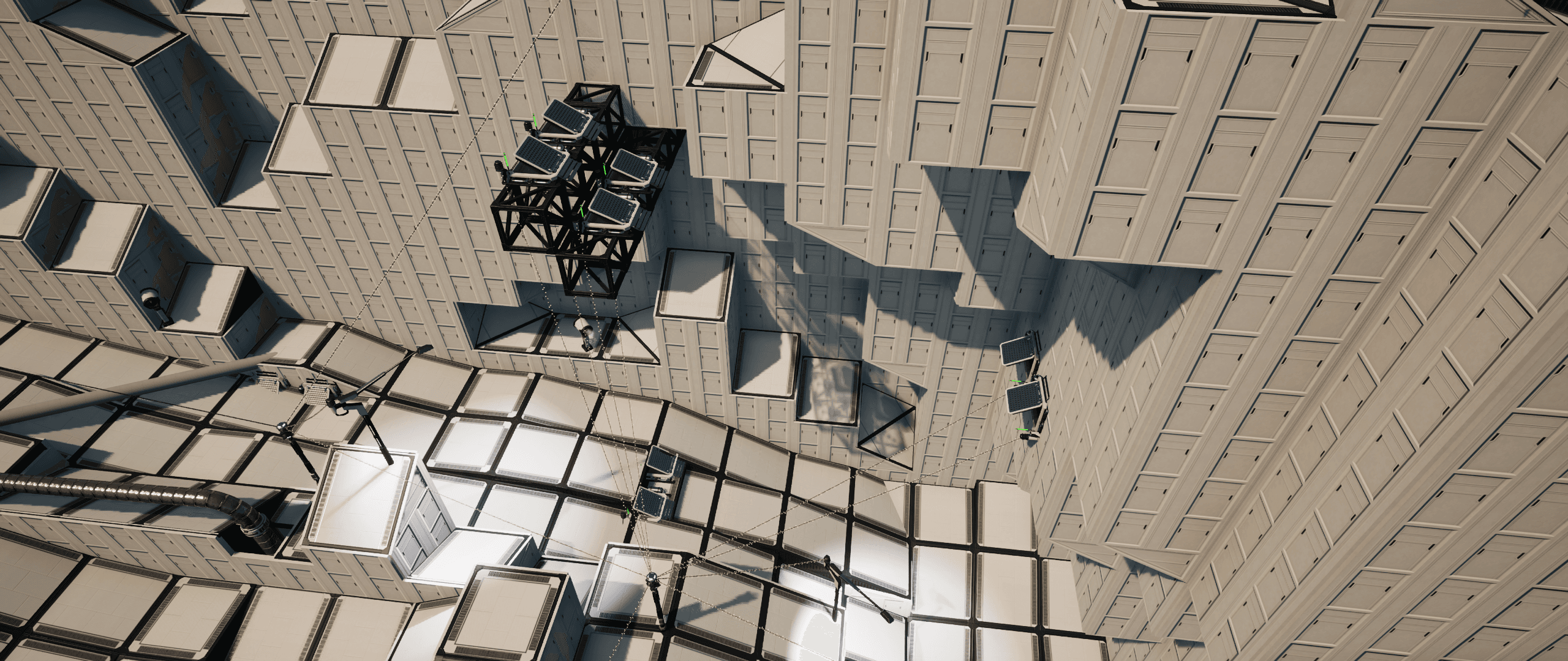 Screenshot showing the jump pads connecting different parts of the ski slope in game (Satisfactory)