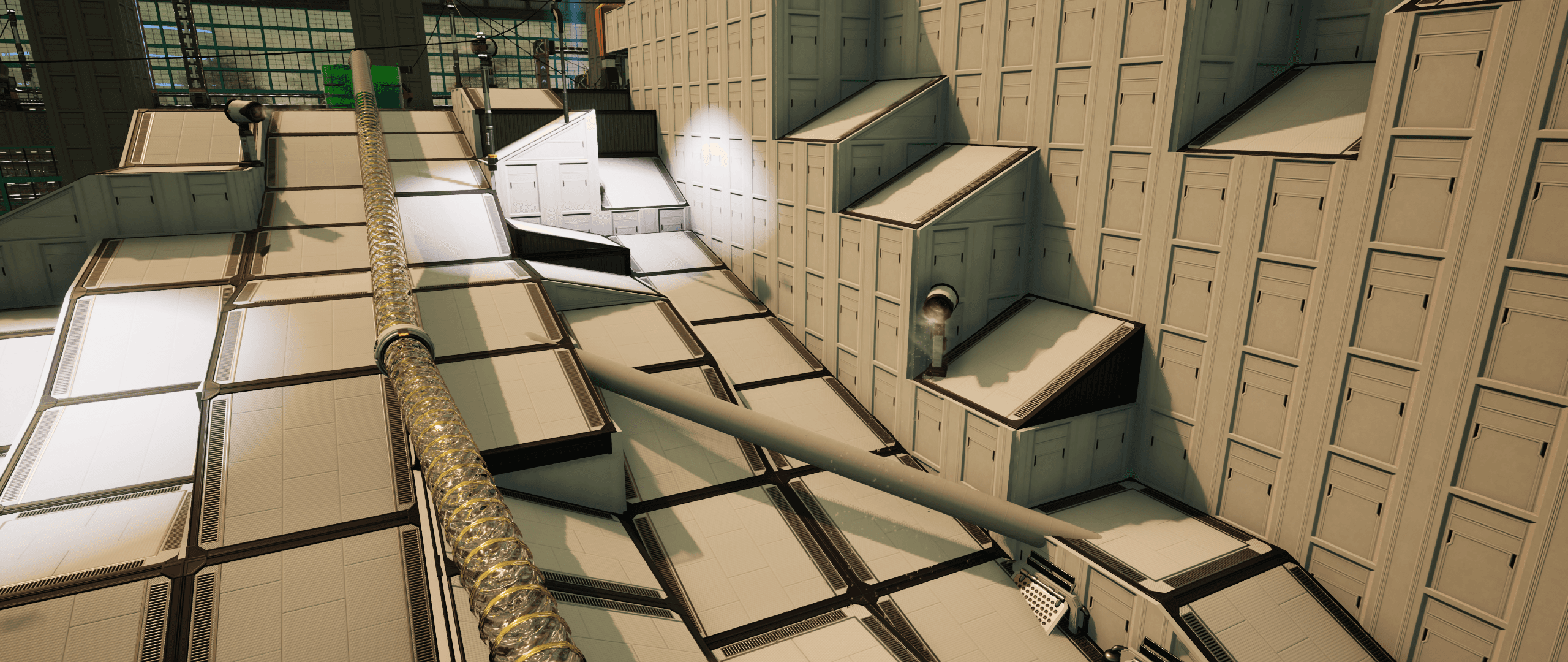 Screenshot showing the the pipe rail on the slope in game (Satisfactory)